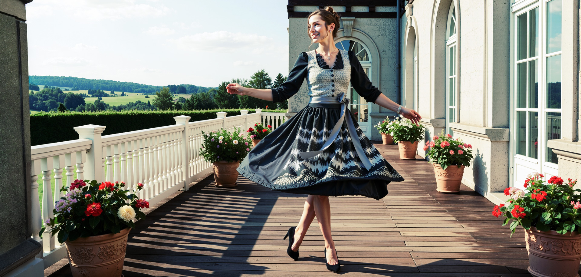 Dirndl getragen von einem Model, tanzend auf Terrasse