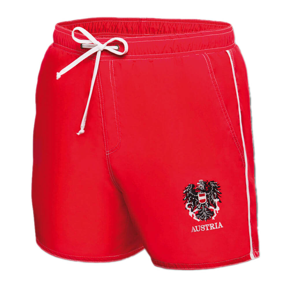 Vorderansicht der Herren Badehose "Austria" in der Farbe Rot