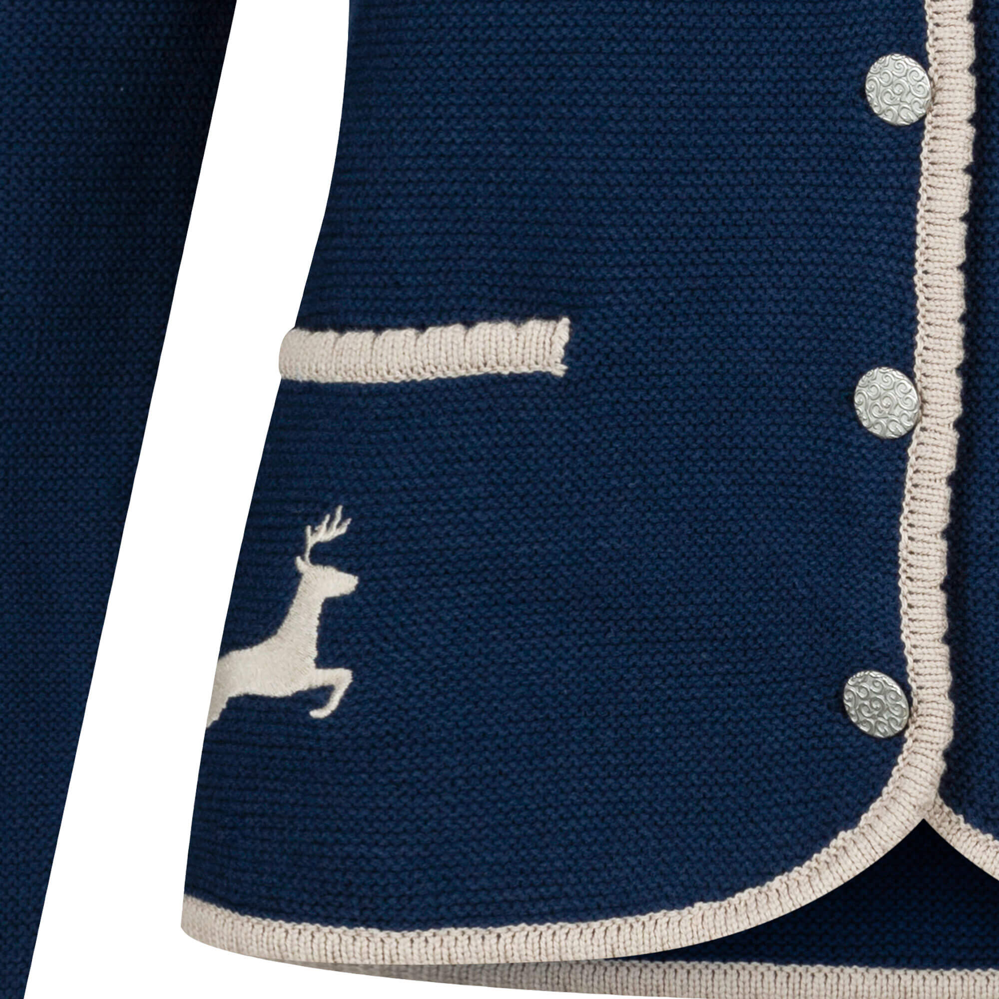 Detailansicht Saum der Damen Strickjacke "Hirsch" in der Farbe Navy