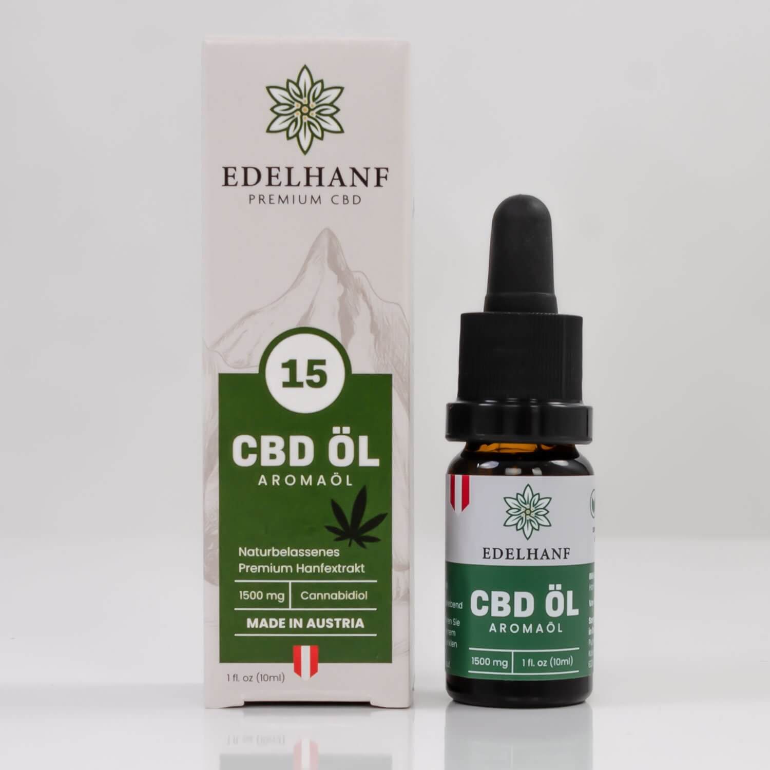 Vorderansicht des Edelhanf CBD Öls 15% in einer 10ml Glasflasche