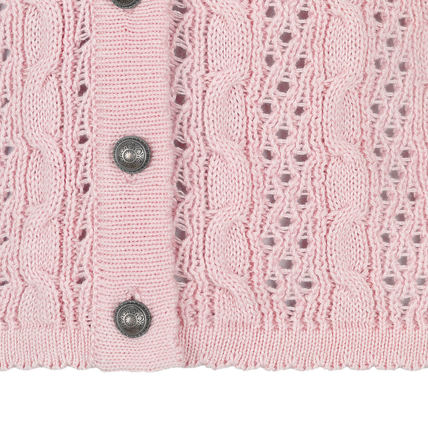 Vorderansicht der Damen Strickjacke "Elisabeth", in der Farbe Rosa, Detail Material unten