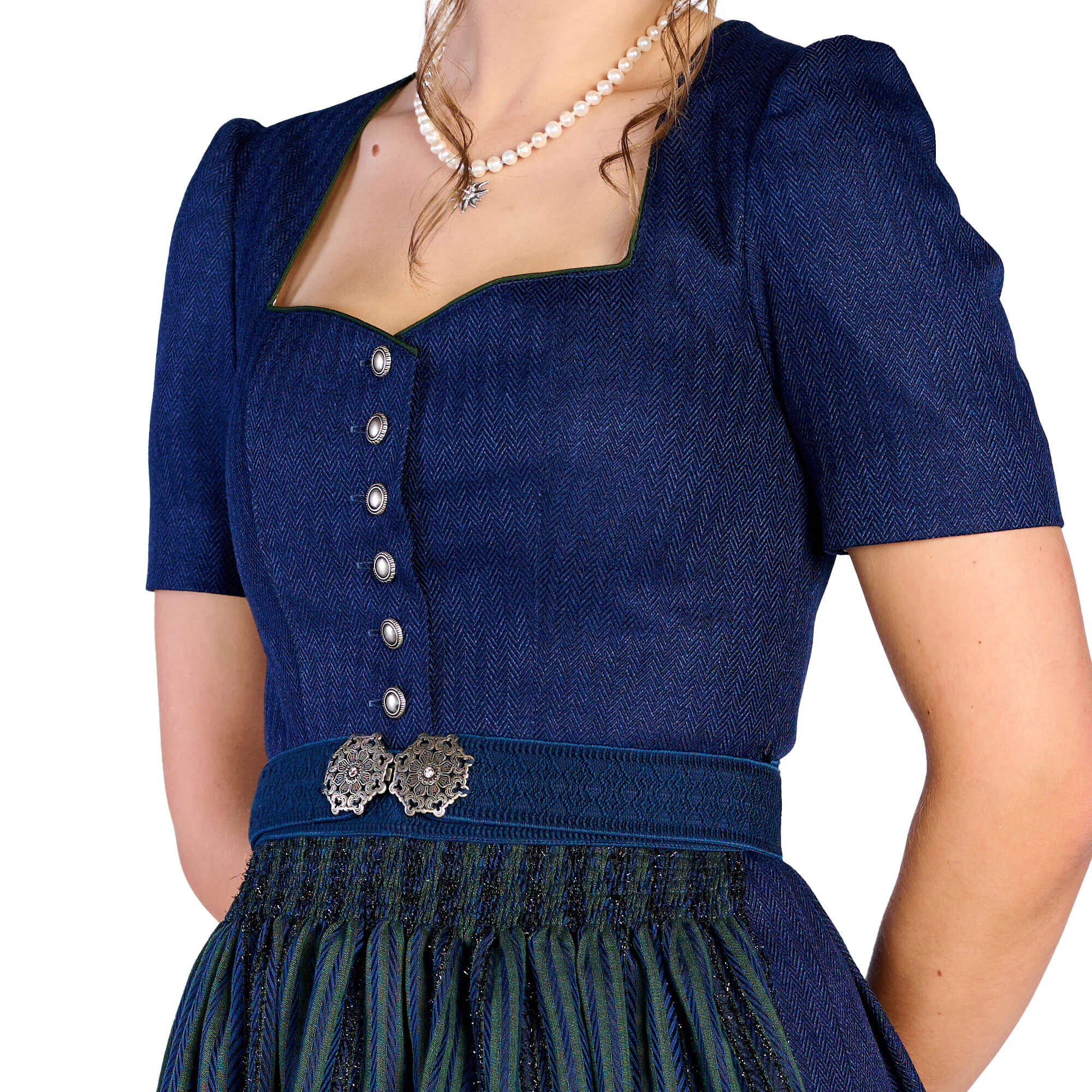 Vorderansicht des Damen Dirndls "Ines", in der Farbe Dunkelblau, Detail Oberteil