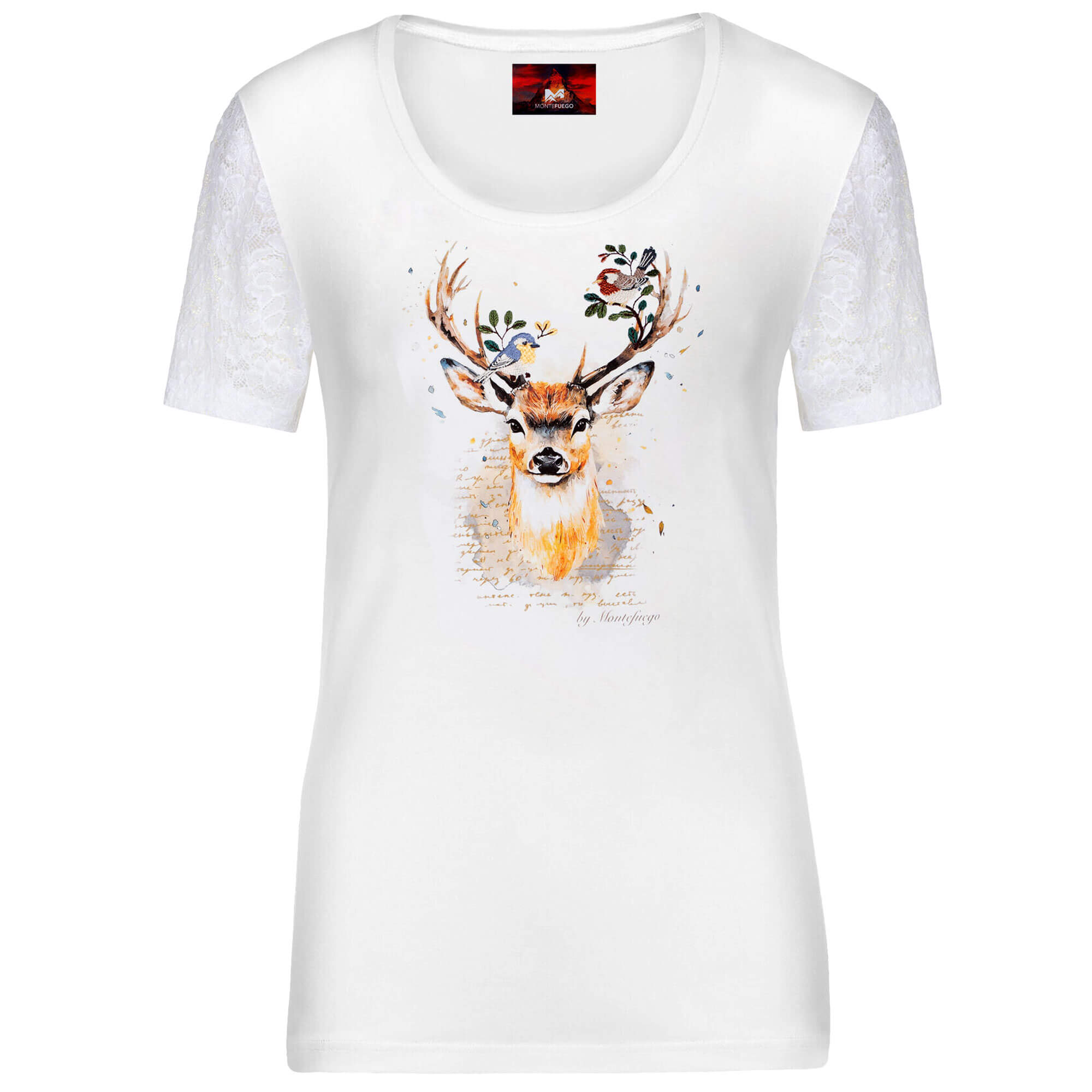 Vorderansicht des Damen T-Shirts "Reh-Vögel" in der Farbe Weiß