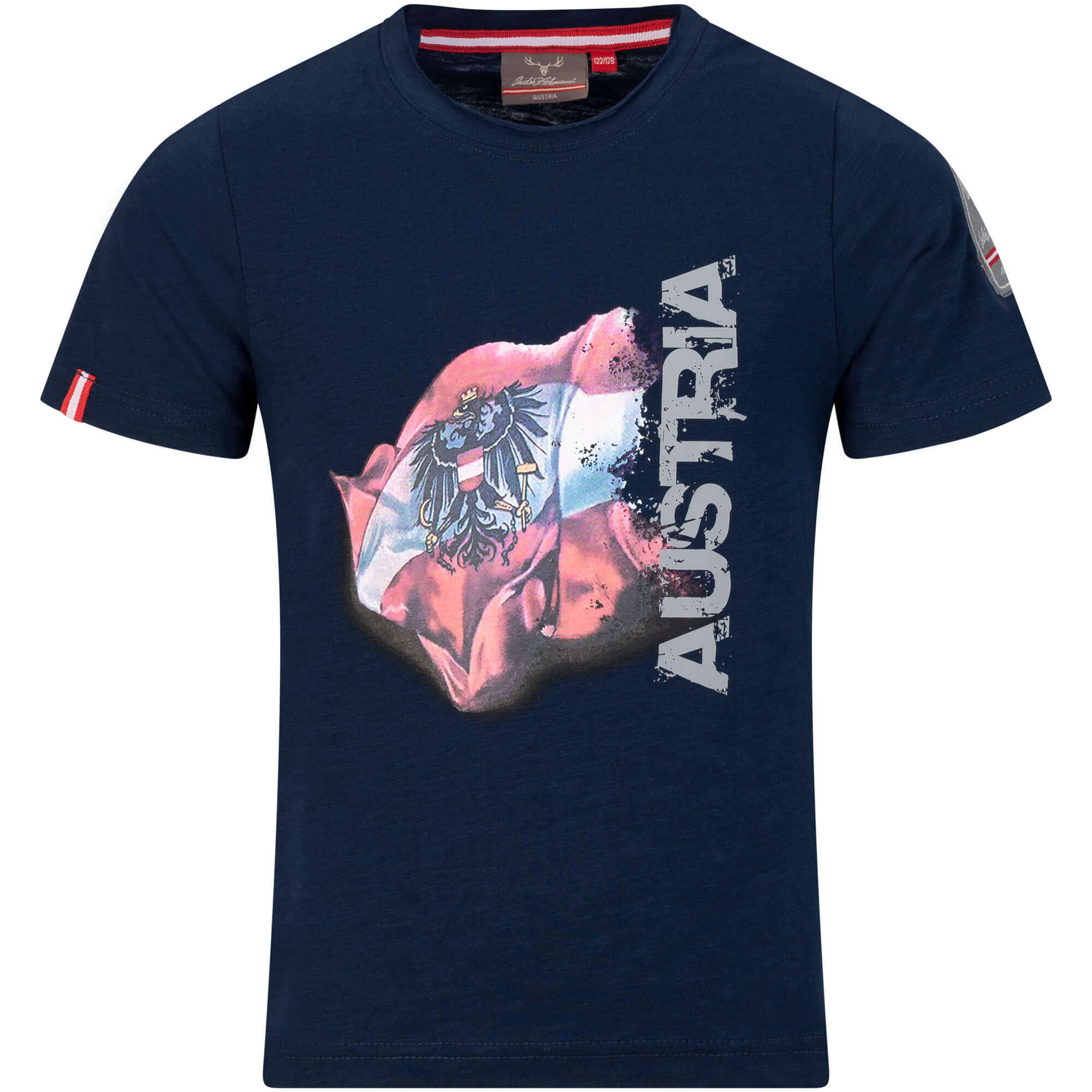Vorderansicht des Kinder T-Shirt "Austria", in der Farbe Navy, mit AUSTRIA Schriftzug und großem Aufdruck