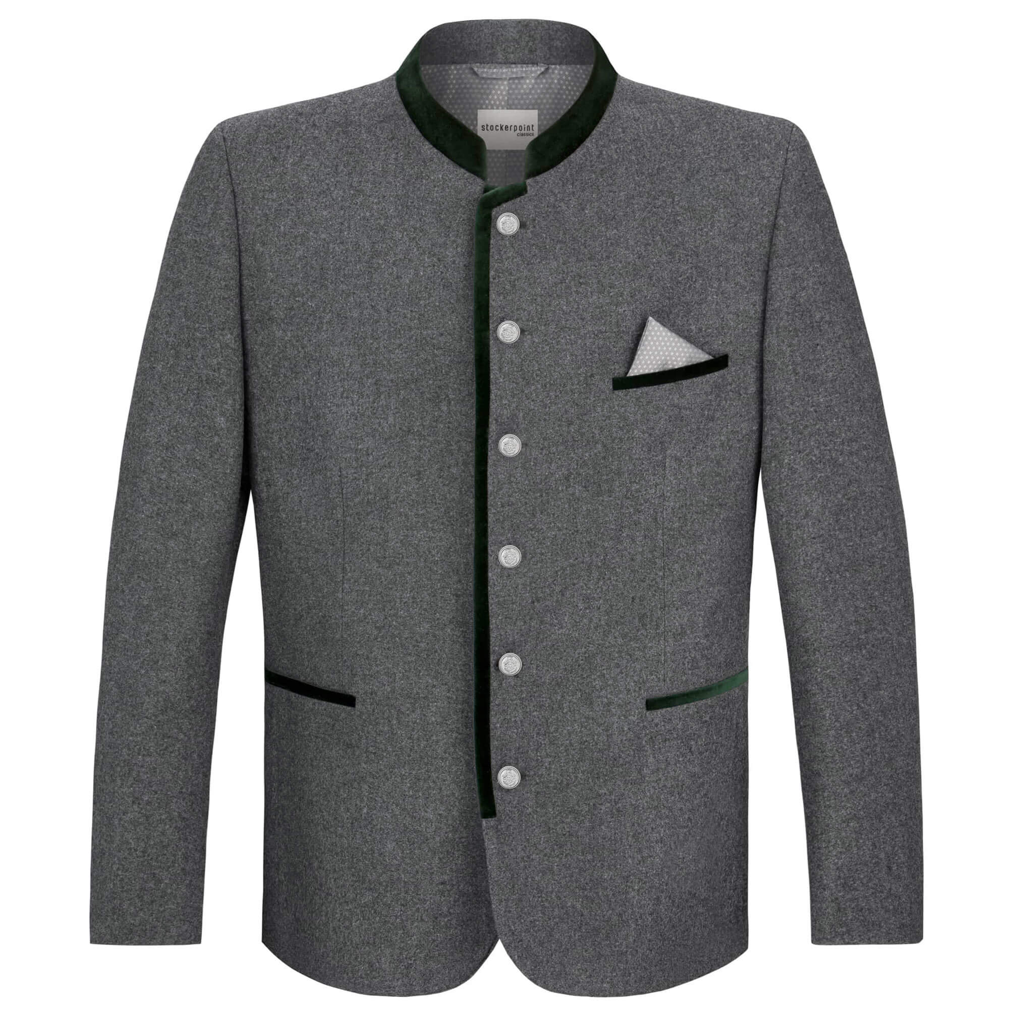 Vorderansicht der Herren Trachtenjacke "Rudolf" in der Farbe Stein-Tanne