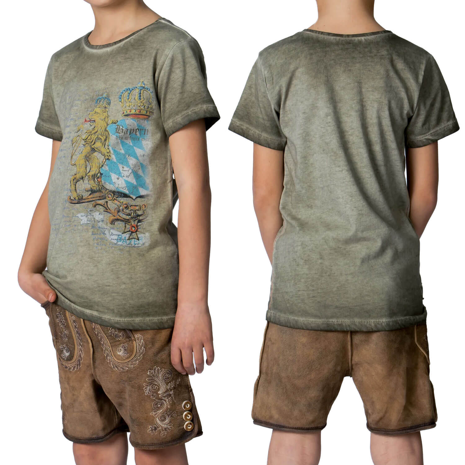 Hinten und Vorderansicht des Kinder T-Shirts "Bayern" in der Farbe Sand getragen von einem Model