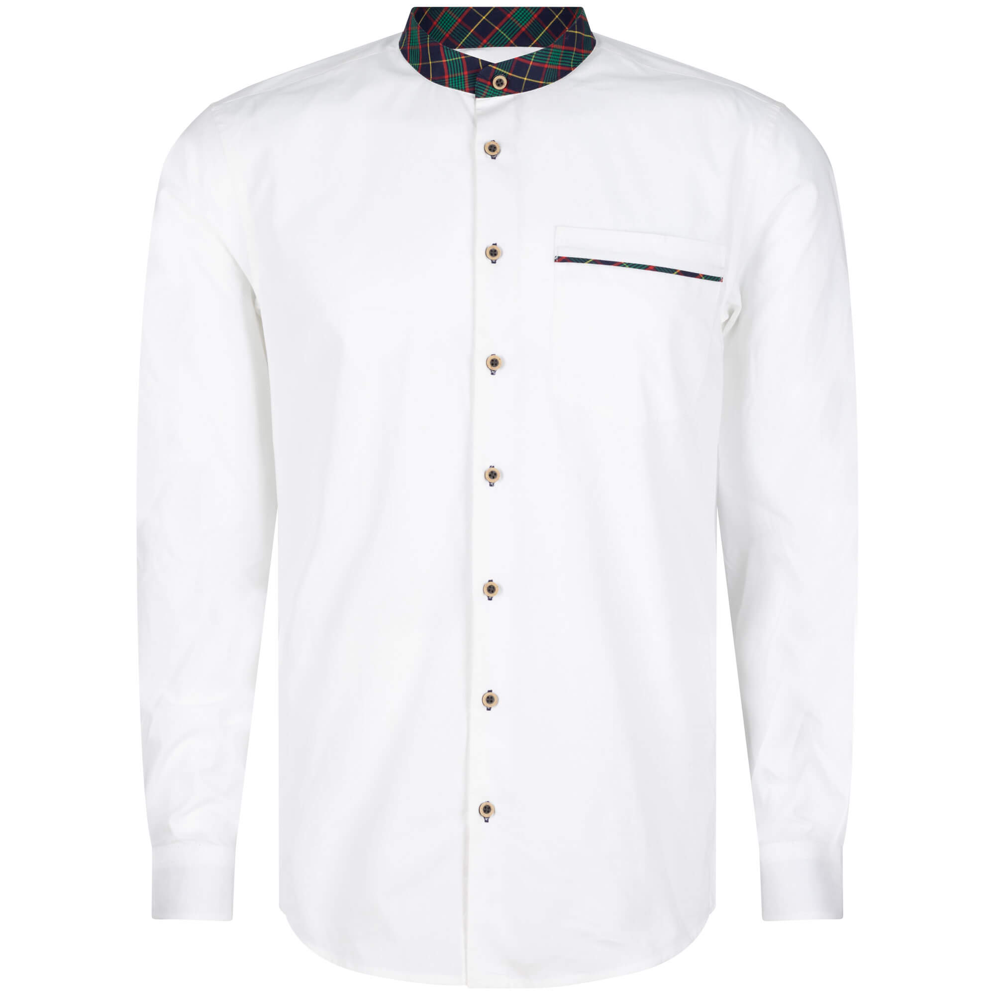 Vorderansicht des Herren Hemd "Kärnten", mit niedrigem Stehkragen in Karo, mit langem Arm, in der Farbe Weiß