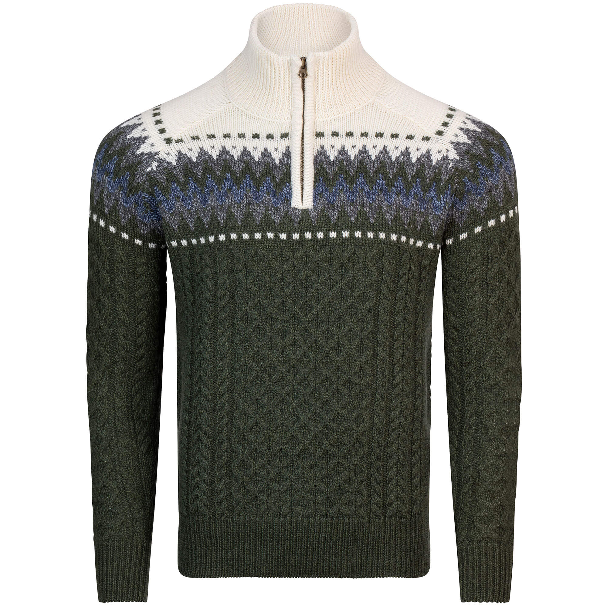 Vorderansicht des Norweger Herren Pullovers "Otto", in der Farbe Grün