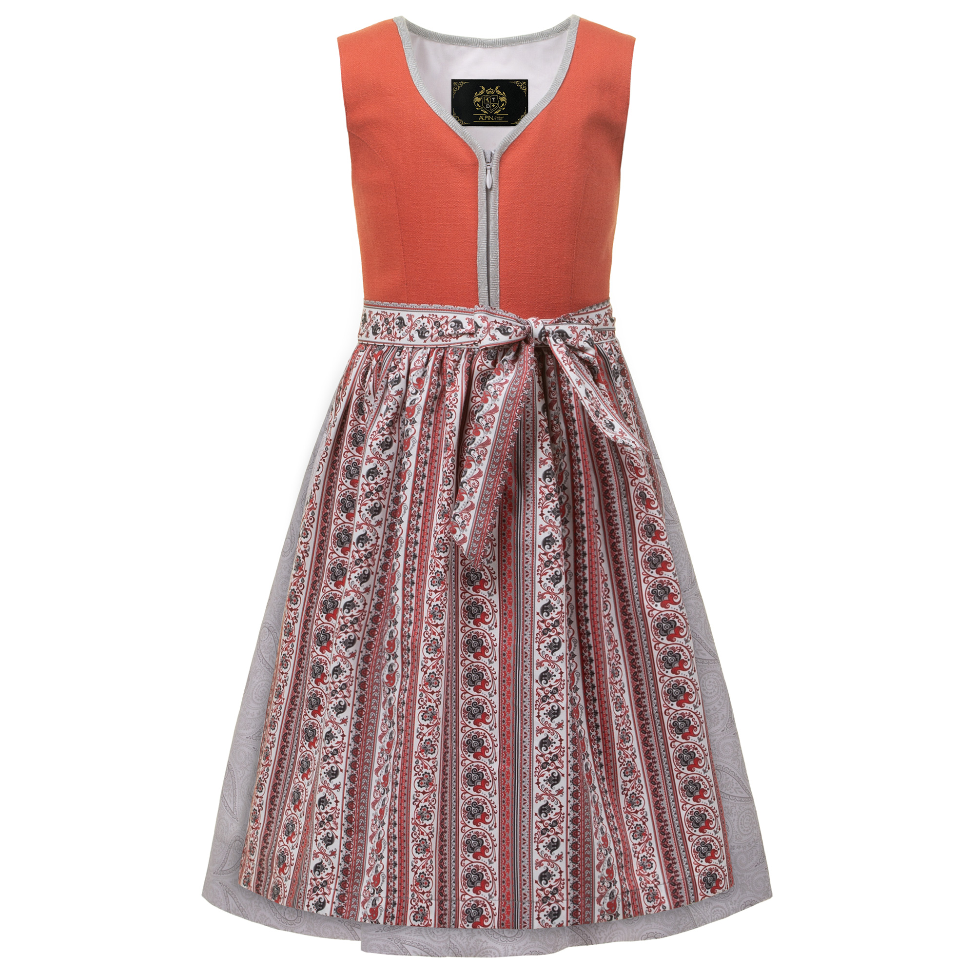 Vorderansicht des Kinder Dirndls "Rosi" in der Farbe Grau-Orange