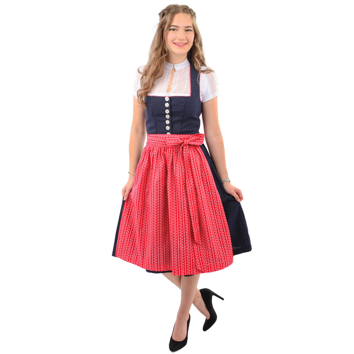 Vorderansicht des Damen Dirndl "Kärnten" in der Farbe Blau-Rot