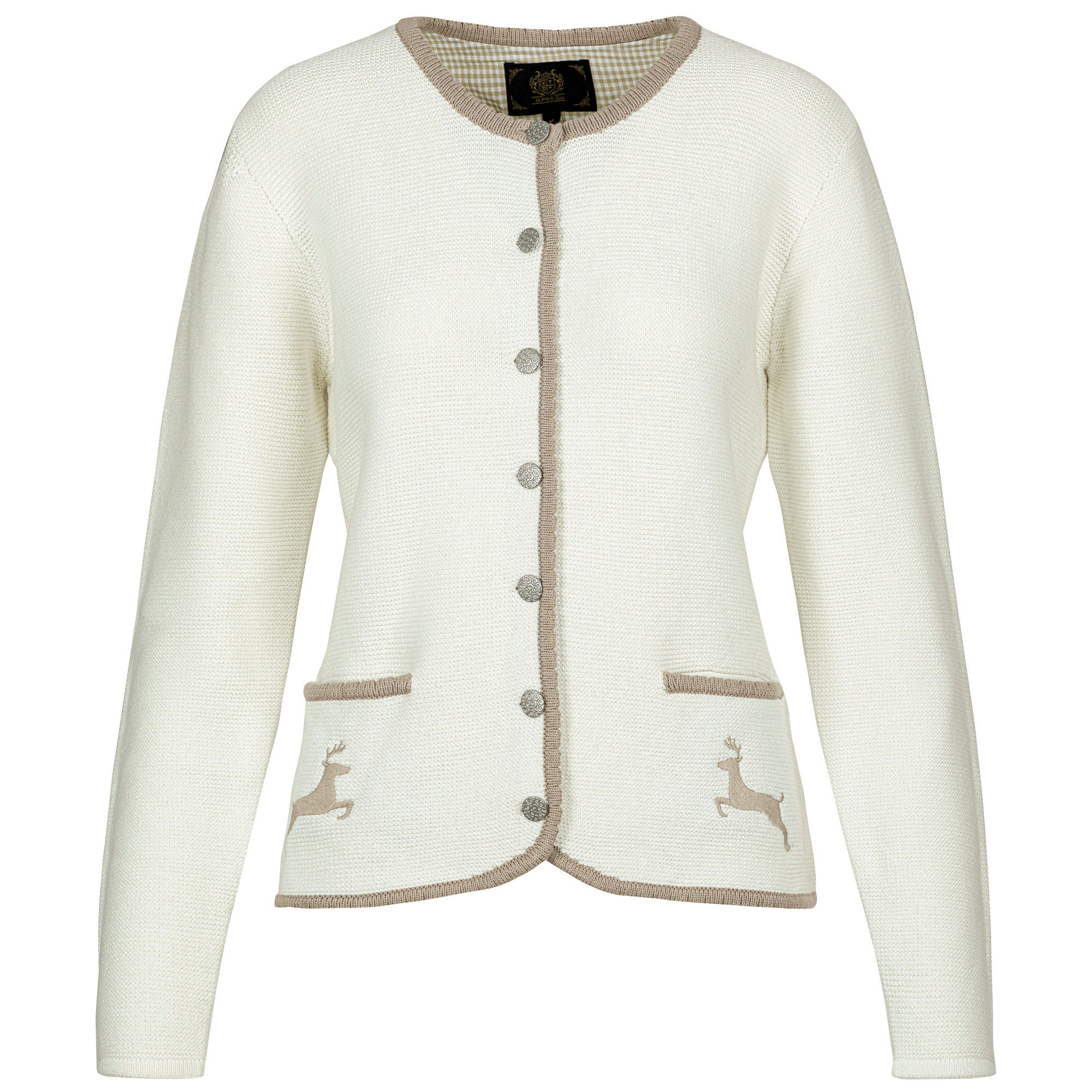 Vorderansicht der Damen Strickjacke "Hirsch" in der Farbe Creme