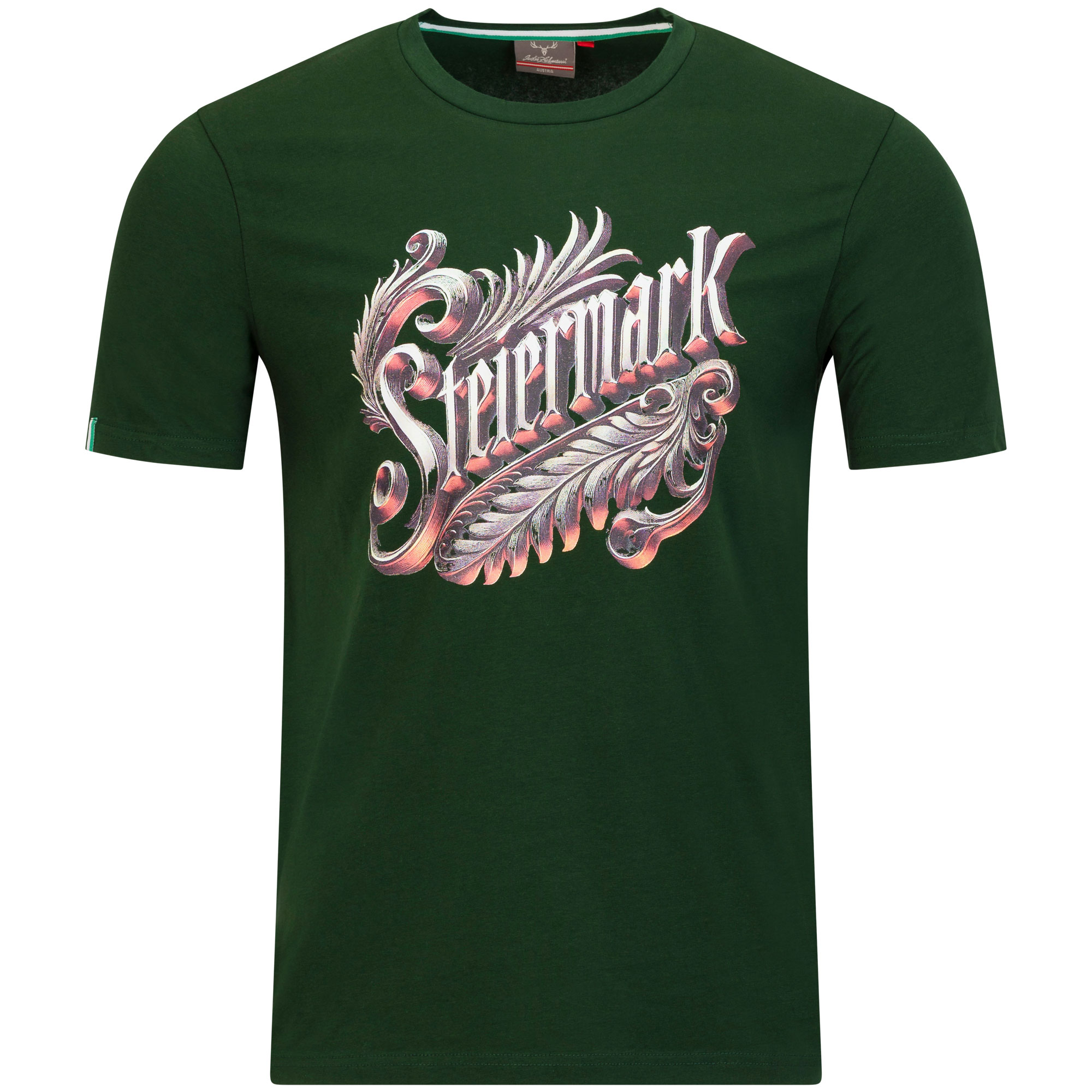 Vorderansicht des Herren T-Shirt "Steiermark", in der Farbe Grün, mit geschwungenem Steiermark Schriftzug