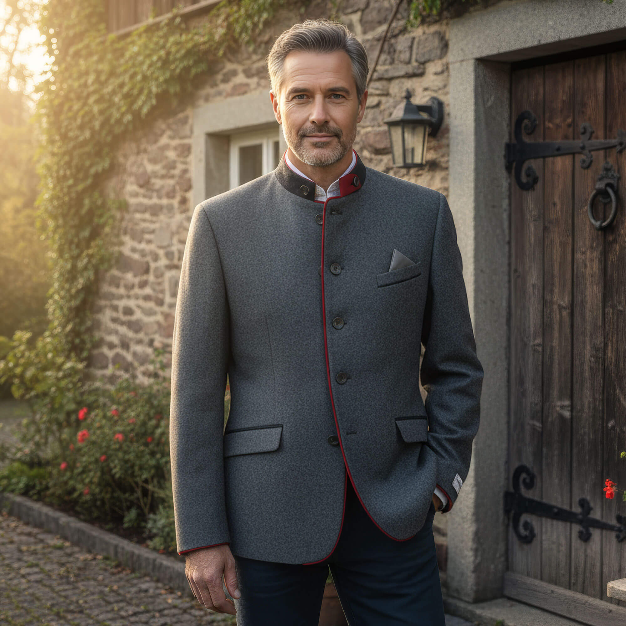 Von Model getragene, elegante Herren Trachtenjacke in Dunkelgrau