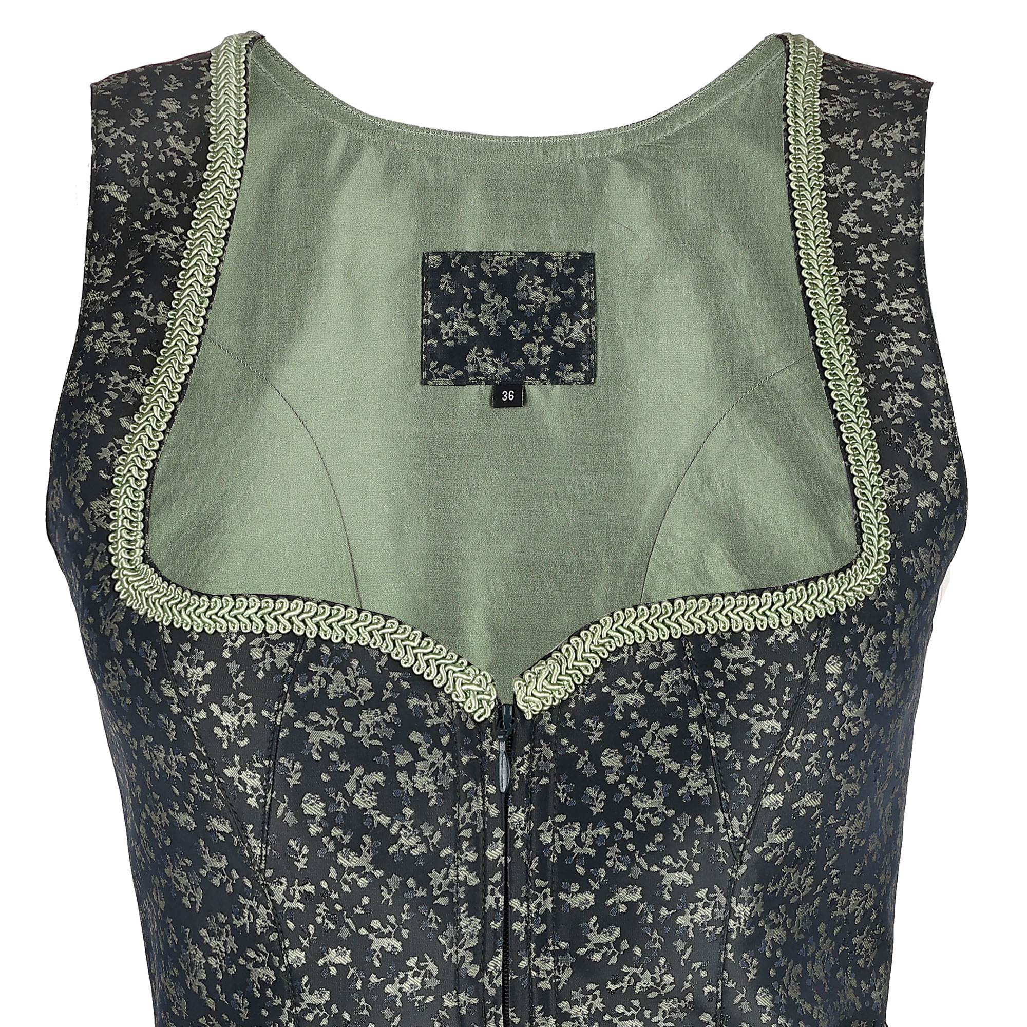 Detailansicht des Ausschnitts des Damen Dirndls "Iris" in der Farbe Dunkelgrün